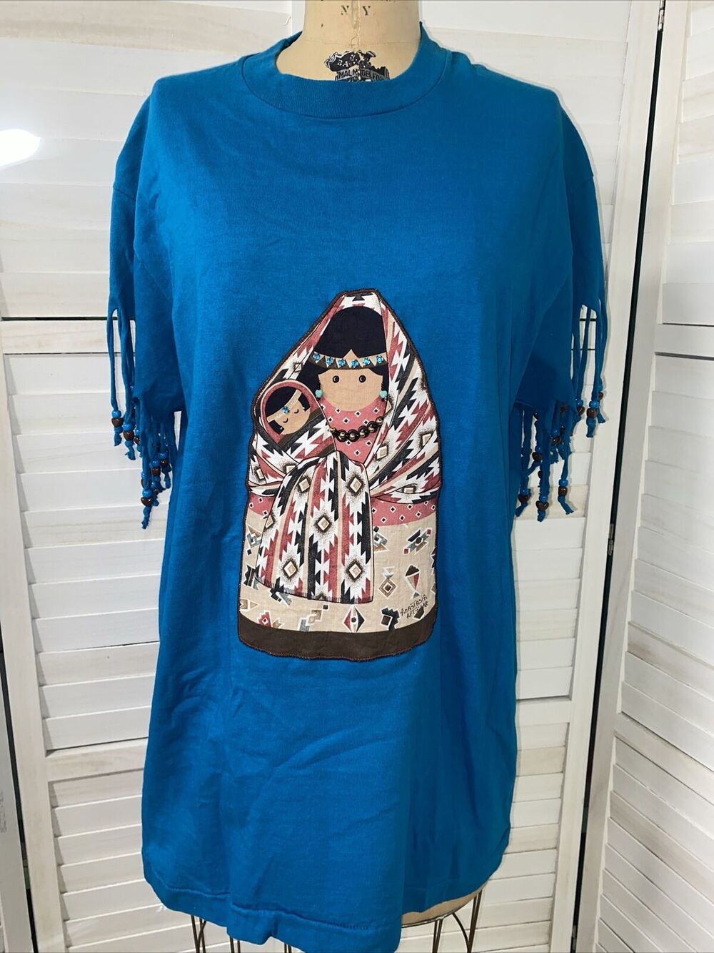 Vintage Hand Crafted Native American Theme T Shirt Teal Sz Large Fringe Beads